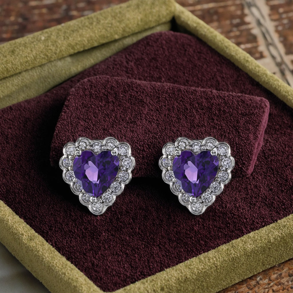 Fashionable Rhodium Plated 925 Prata Natural Amethyst Heart Stud Earrings
