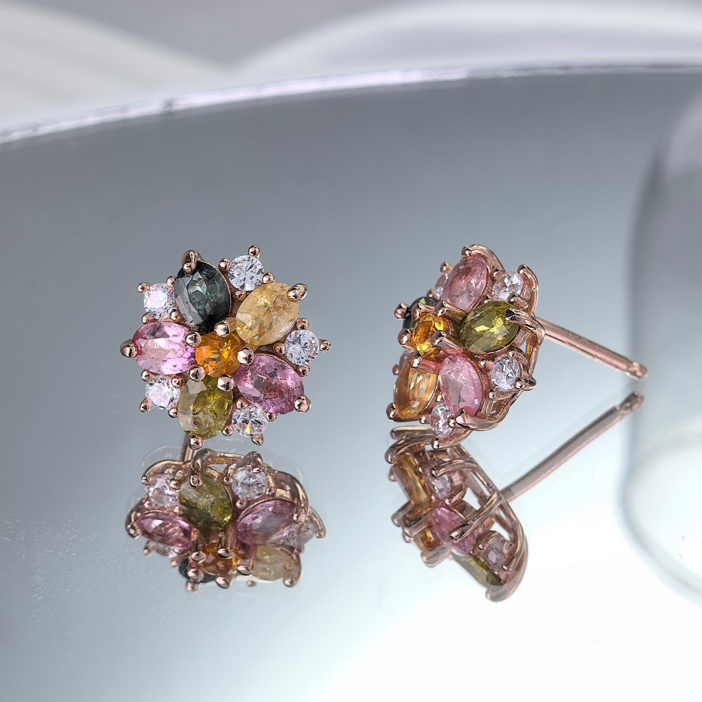 Exquisite Rose Gold Plated 925 Sterling Silver Natural Tourmaline Flower Stud Earrings