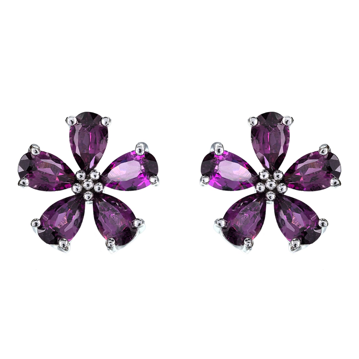 Charming Rhodium Plated S925 Silver Pyrope Flower Stud Earrings