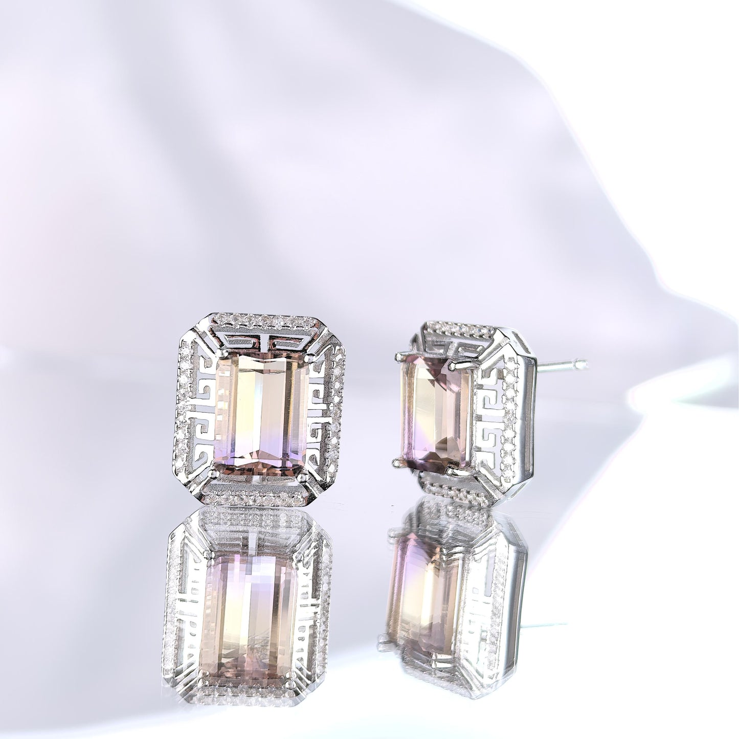 Glamorous Rhodium Plated Joyeria Plata 925 Natural Ametrine Jewelry Set