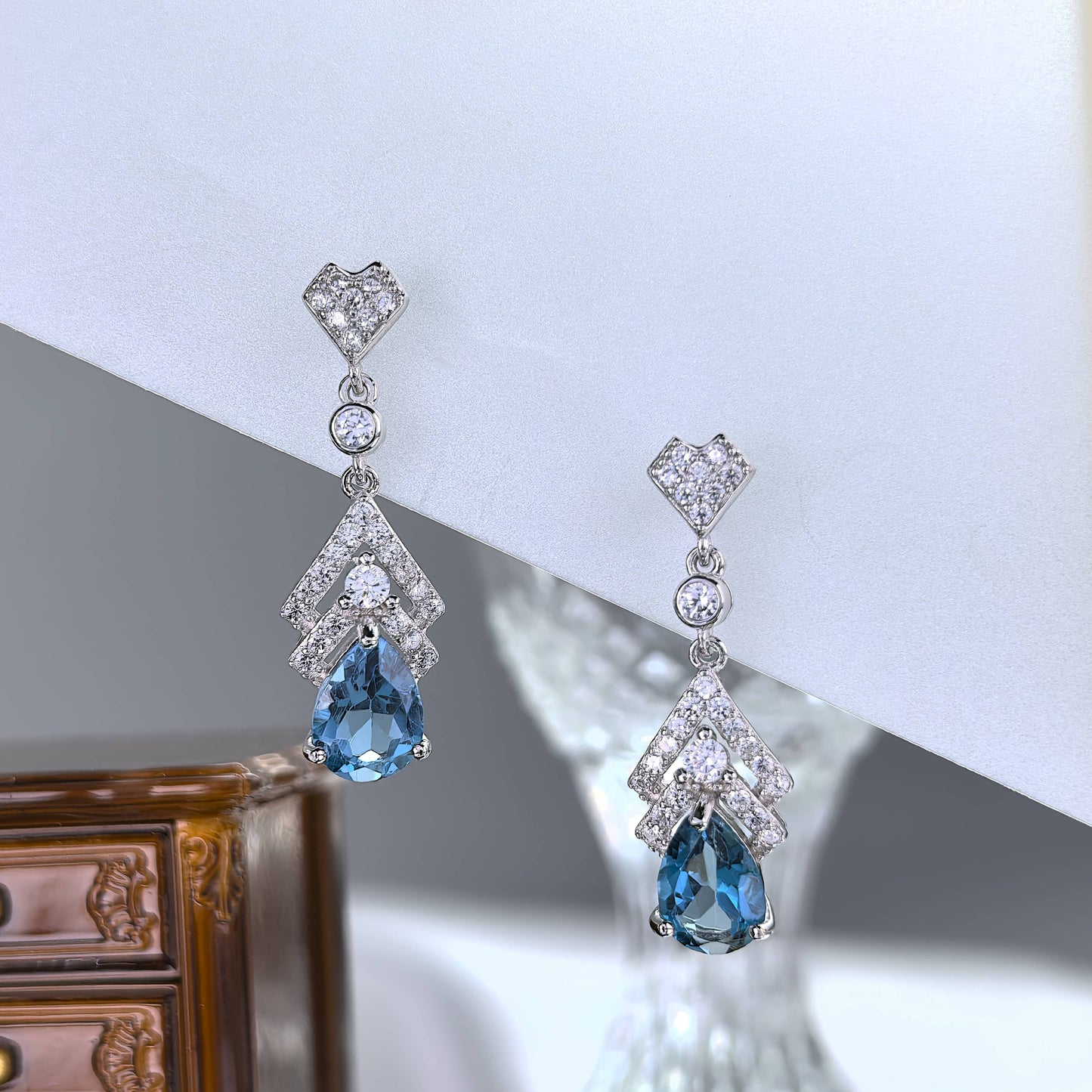Gorgeous Rhodium Plated S925 Silver Natural London Blue Topaz Tear Drop Earrings