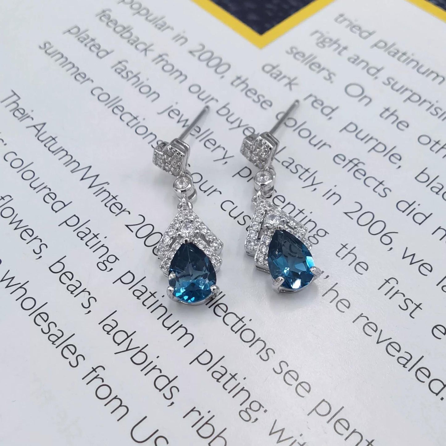Gorgeous Rhodium Plated S925 Silver Natural London Blue Topaz Tear Drop Earrings