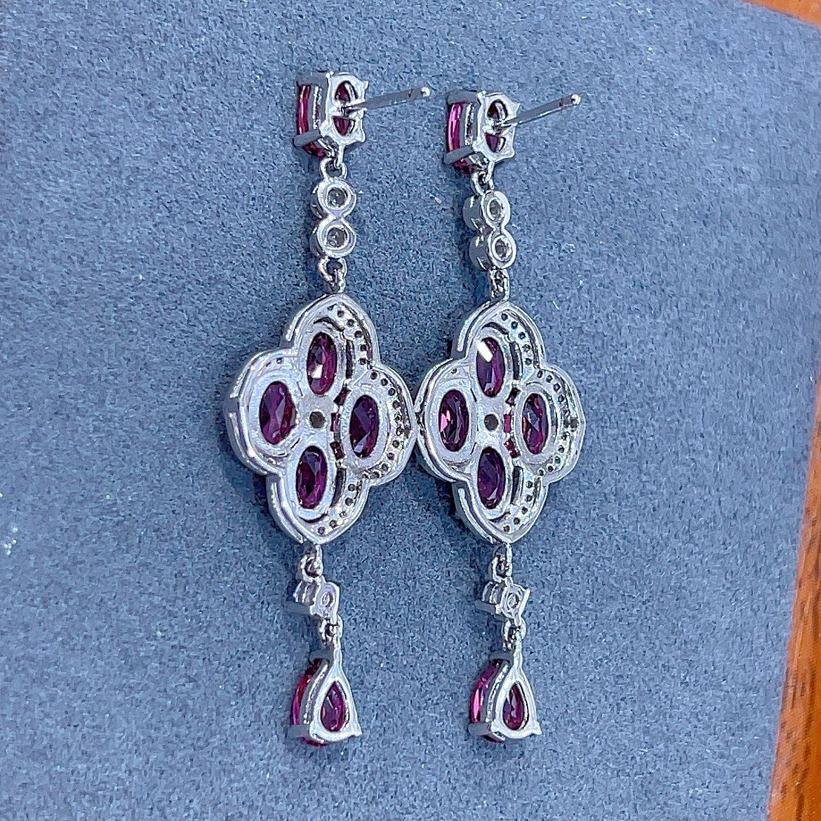 Graceful Rhodium Plated 925 Silver Jewelry Natural Pyrope Four Leaf Clover Drop Earrings