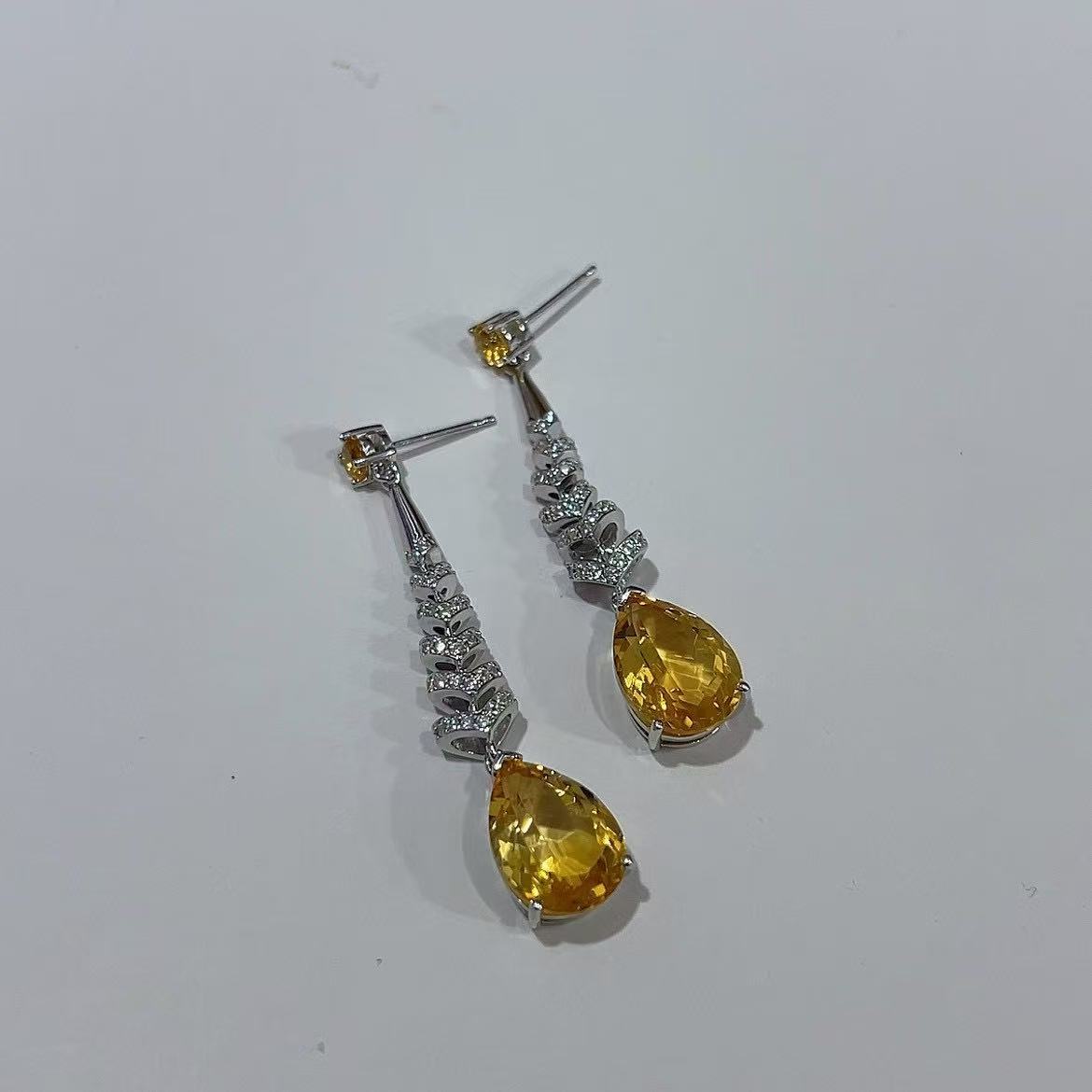 Exquisite Rhodium Plated 925 Sterling Silver Natural Citrine Crystal Dangling Drop Earrings