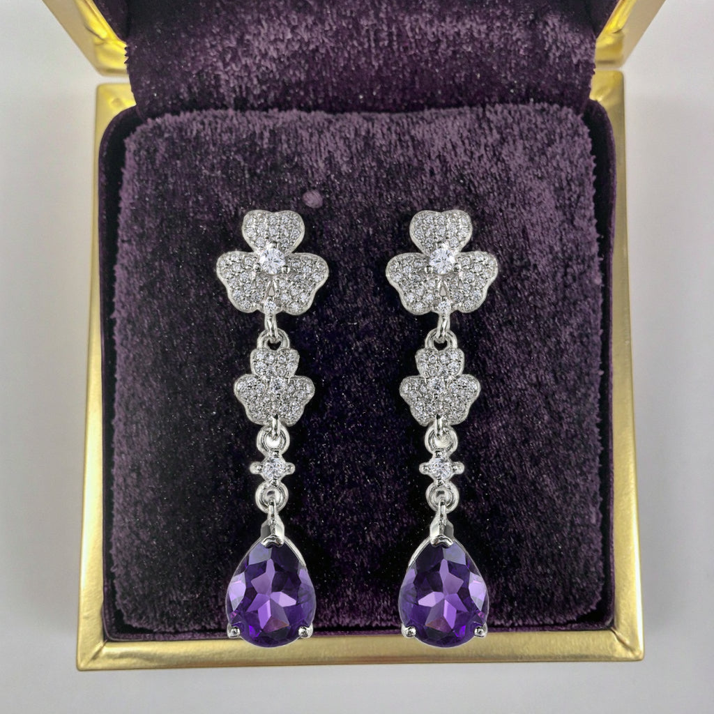 925 Sterling Silver Natural Amethyst Shamrock Drop Earrings for Women Trendy Rhodium Plated Pear Cut for Weddings Parties
