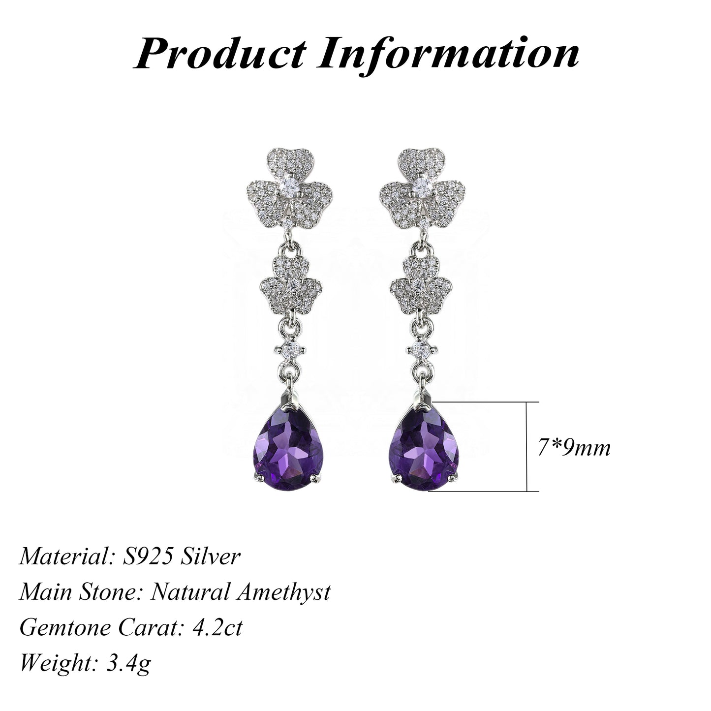 925 Sterling Silver Natural Amethyst Shamrock Drop Earrings for Women Trendy Rhodium Plated Pear Cut for Weddings Parties