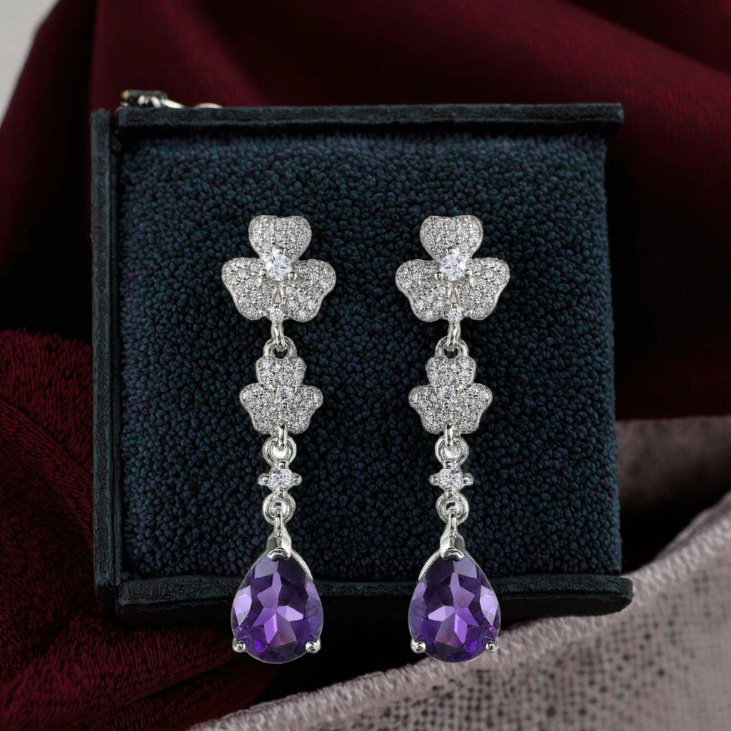 925 Sterling Silver Natural Amethyst Shamrock Drop Earrings for Women Trendy Rhodium Plated Pear Cut for Weddings Parties