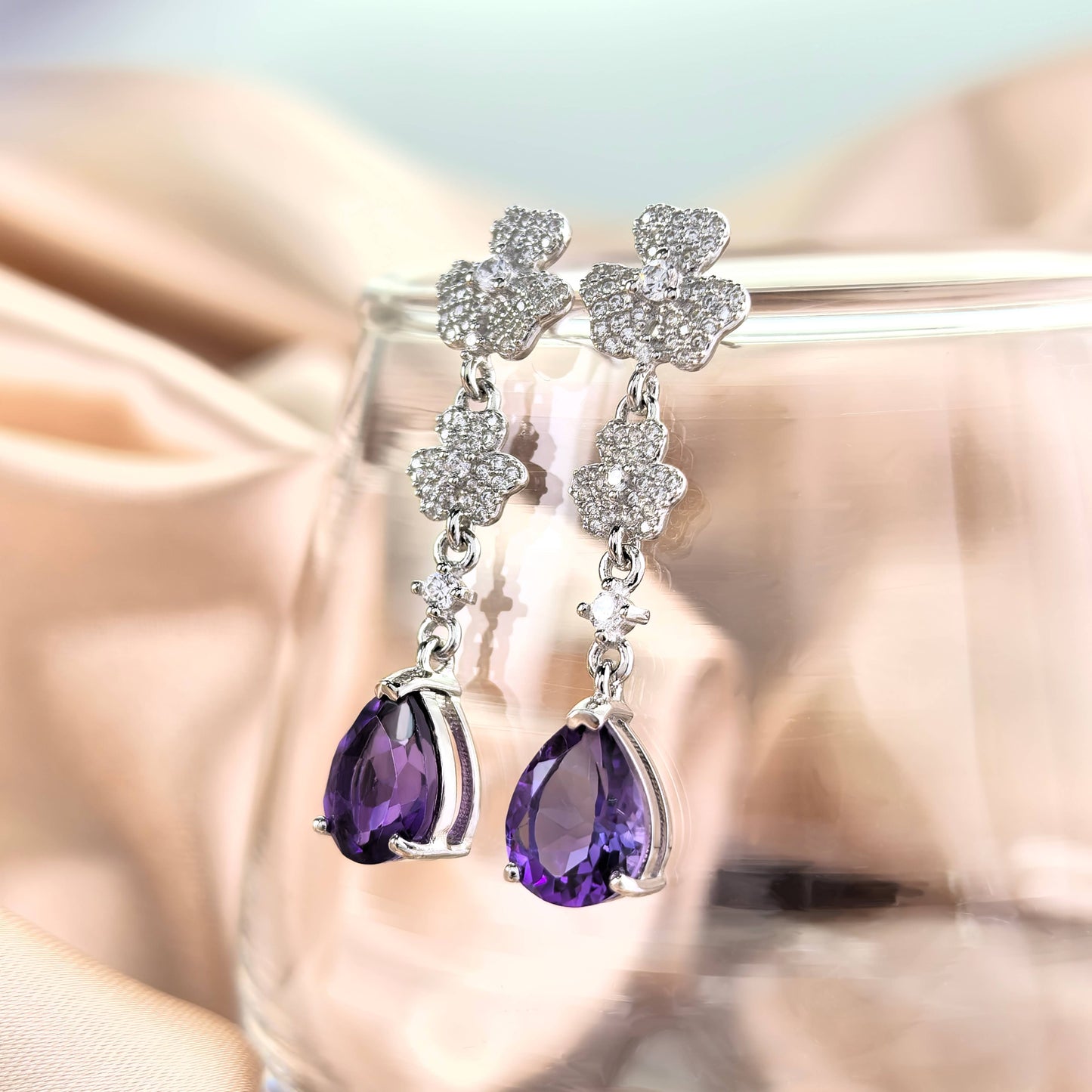 925 Sterling Silver Natural Amethyst Shamrock Drop Earrings for Women Trendy Rhodium Plated Pear Cut for Weddings Parties
