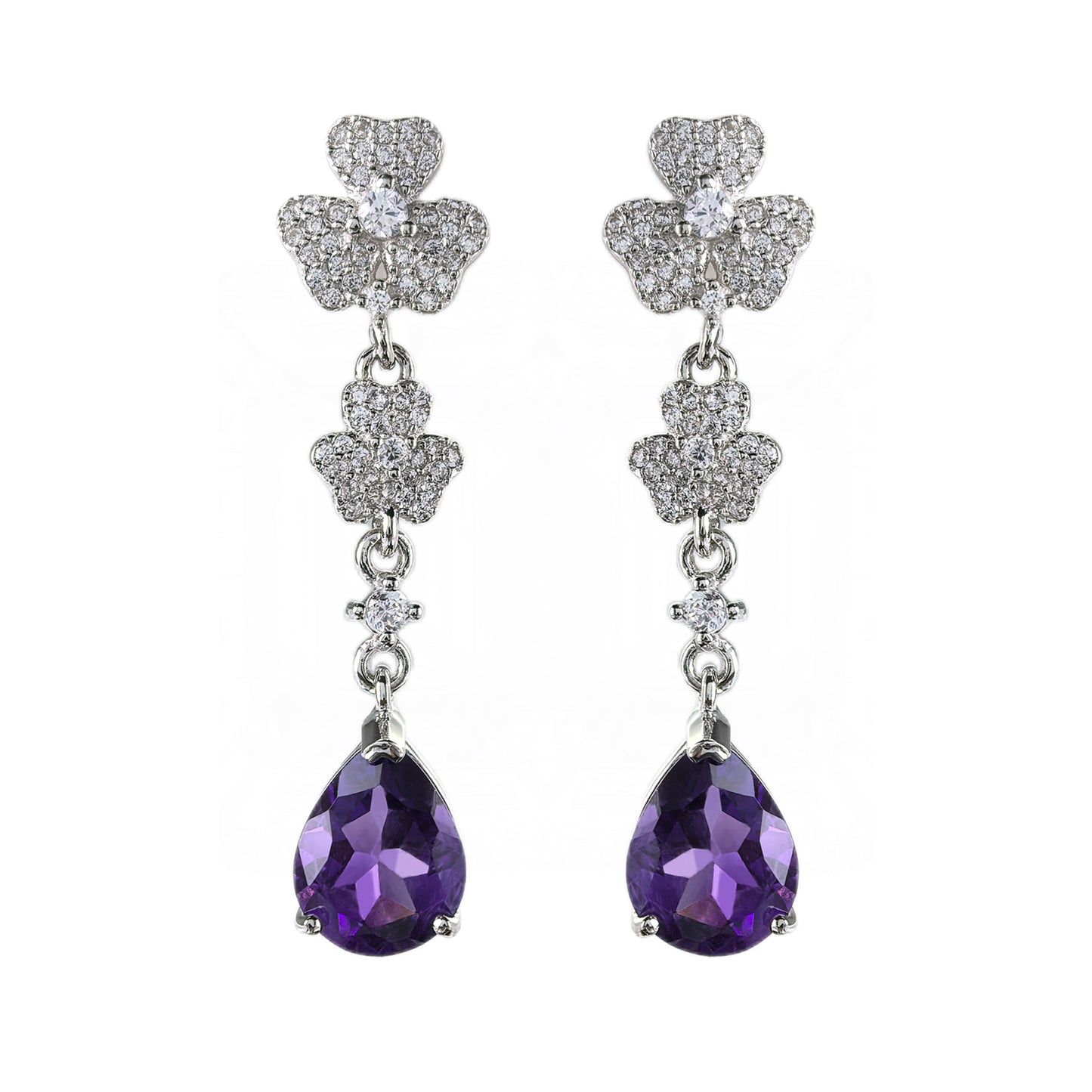 925 Sterling Silver Natural Amethyst Shamrock Drop Earrings for Women Trendy Rhodium Plated Pear Cut for Weddings Parties