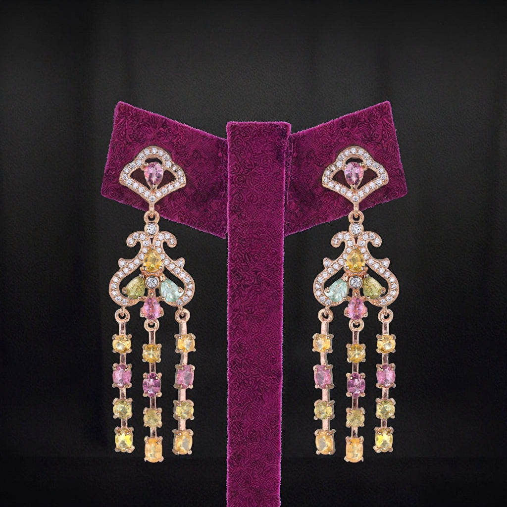 Noble Rose Gold Plated Silver 925 Natural Tourmaline Dangling Drop Earrings