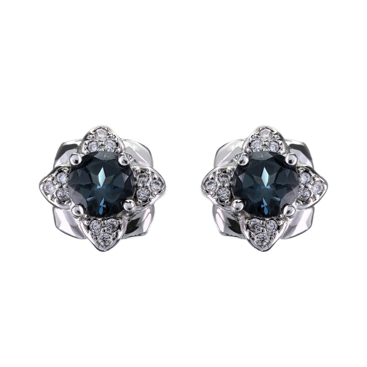 Exquisite Rhodium Plated S925 Silver Natural London Blue Topaz Clover Stud Earrings