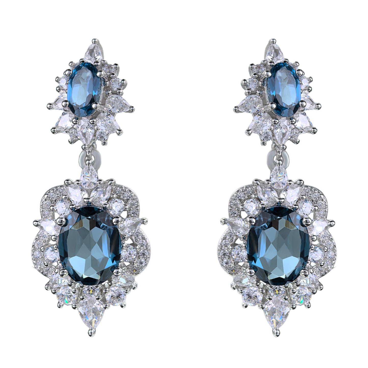 Elegant Rhodium Plated 925 Silver Oval Cut Natural London Blue Topaz Drop Earrings