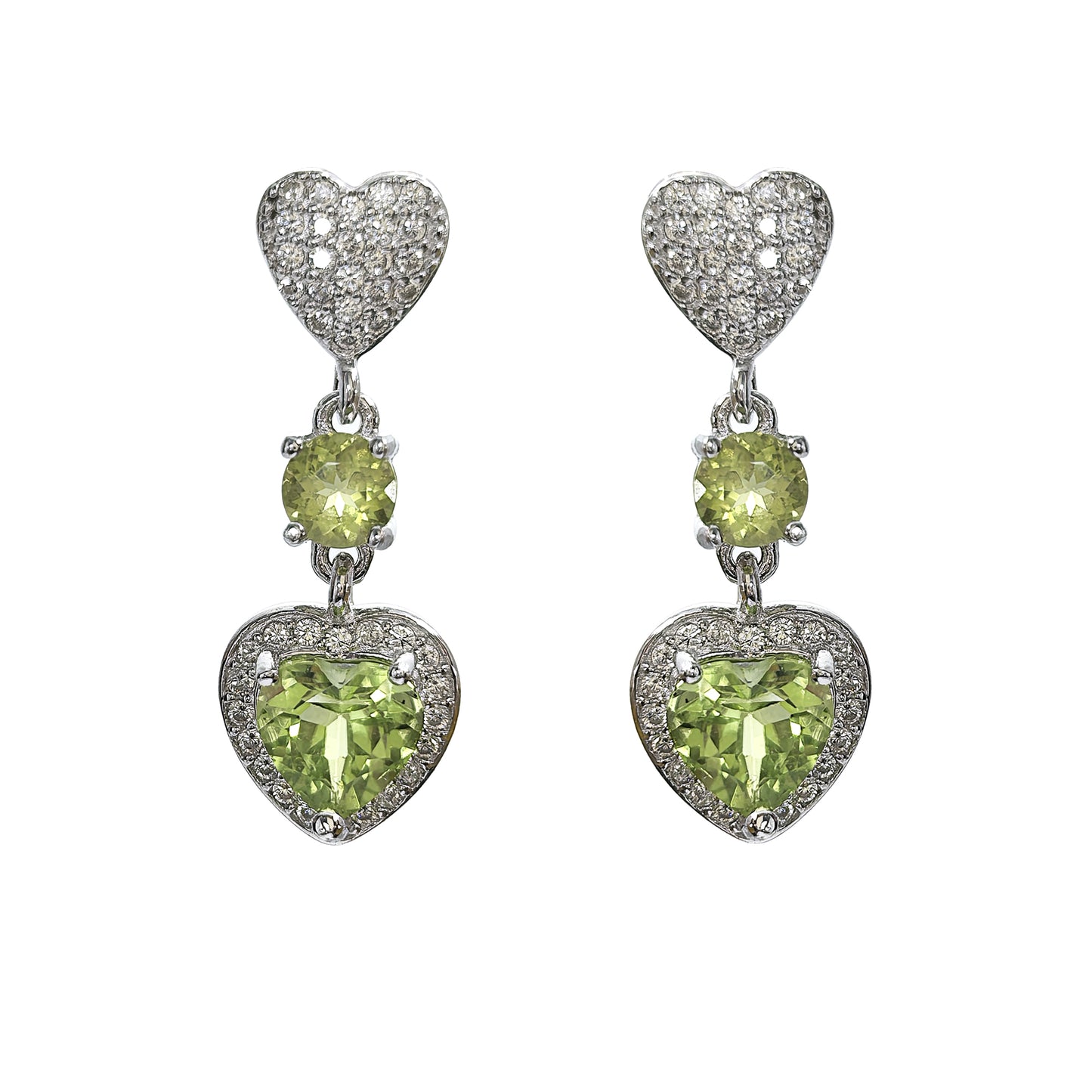 Wholesale Rhodium Plated 925 Sterling Silver Natural Olivine Green Gemstone Heart Stud Earrings