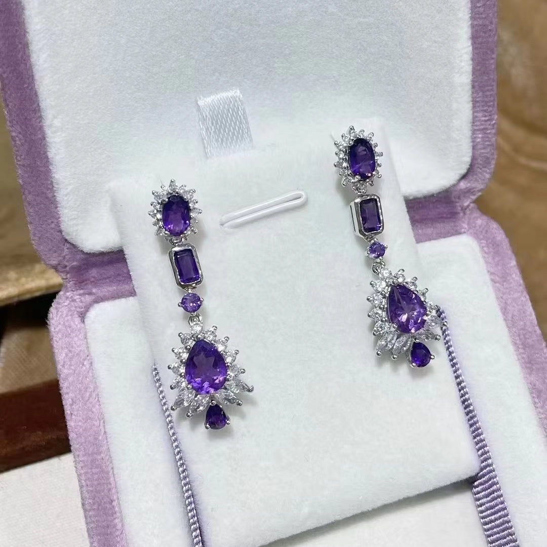 Exquisite Rhodium Plated Sterling Silver 925 Drop Earrings Pear Cut Natural Amethyst