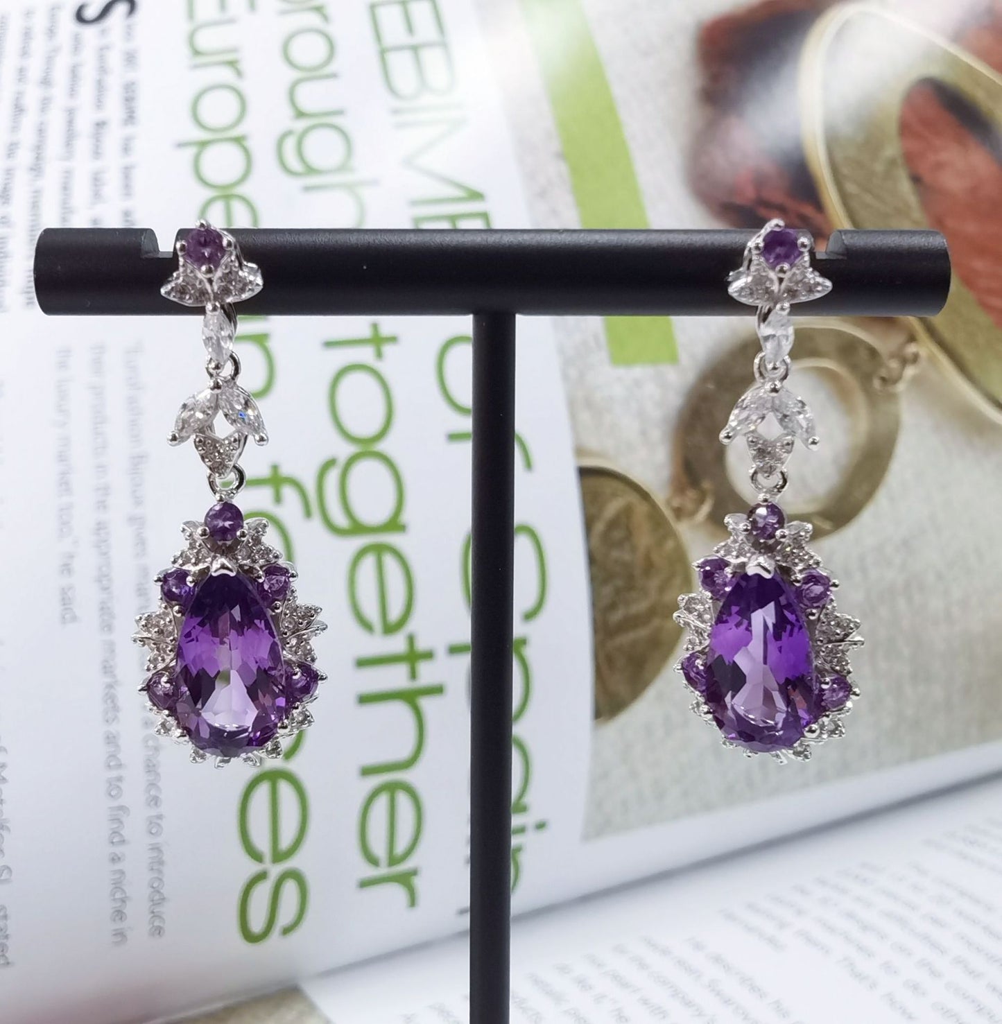 Dazzling Rhodium Plated 925 Sterling Silver Natural Amethyst Drop Earrings
