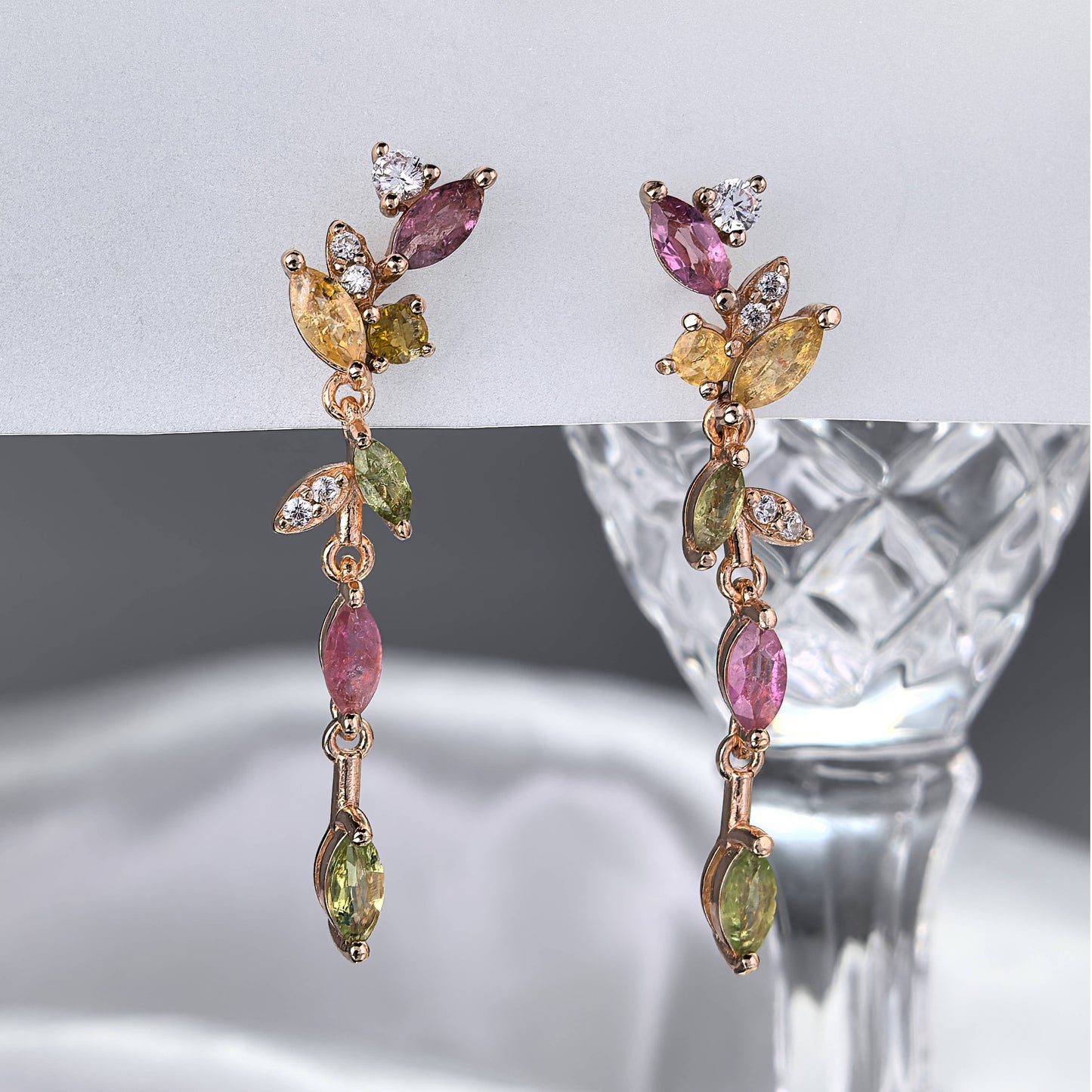 Delicate Rose Gold Plated Silver 925 Natural Tourmaline Leaf Drop Earrings
