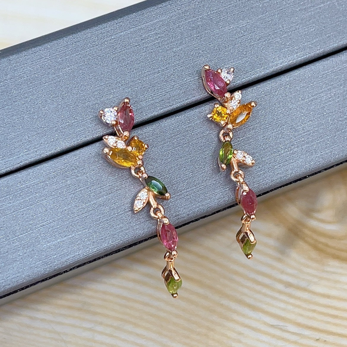 Delicate Rose Gold Plated Silver 925 Natural Tourmaline Leaf Drop Earrings