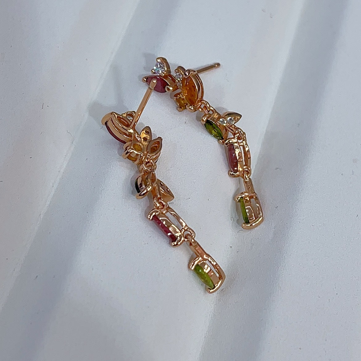 Delicate Rose Gold Plated Silver 925 Natural Tourmaline Leaf Drop Earrings