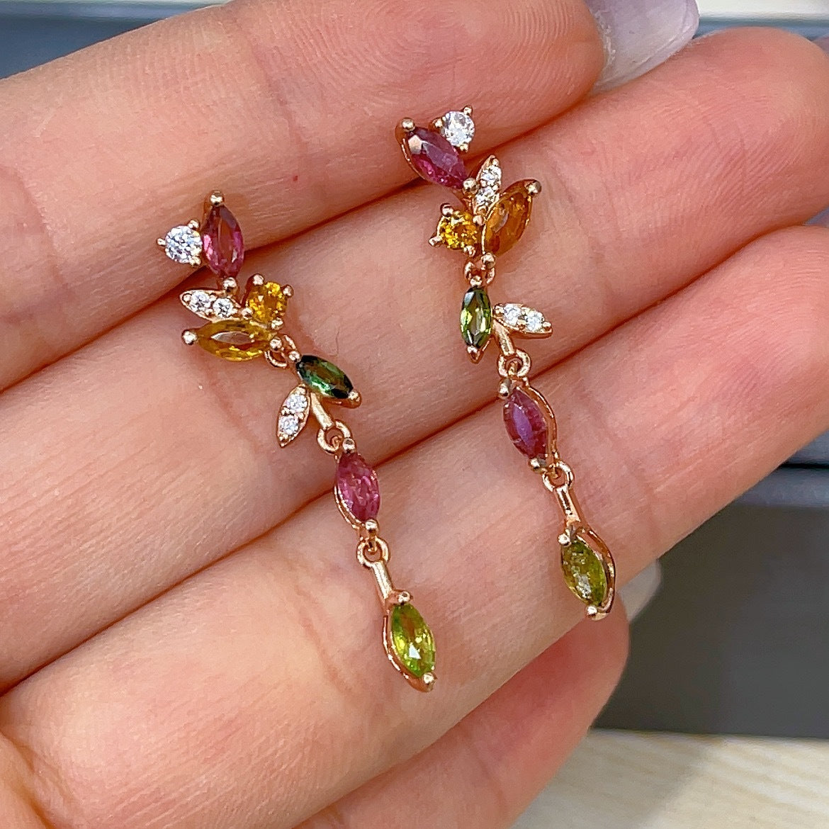 Delicate Rose Gold Plated Silver 925 Natural Tourmaline Leaf Drop Earrings