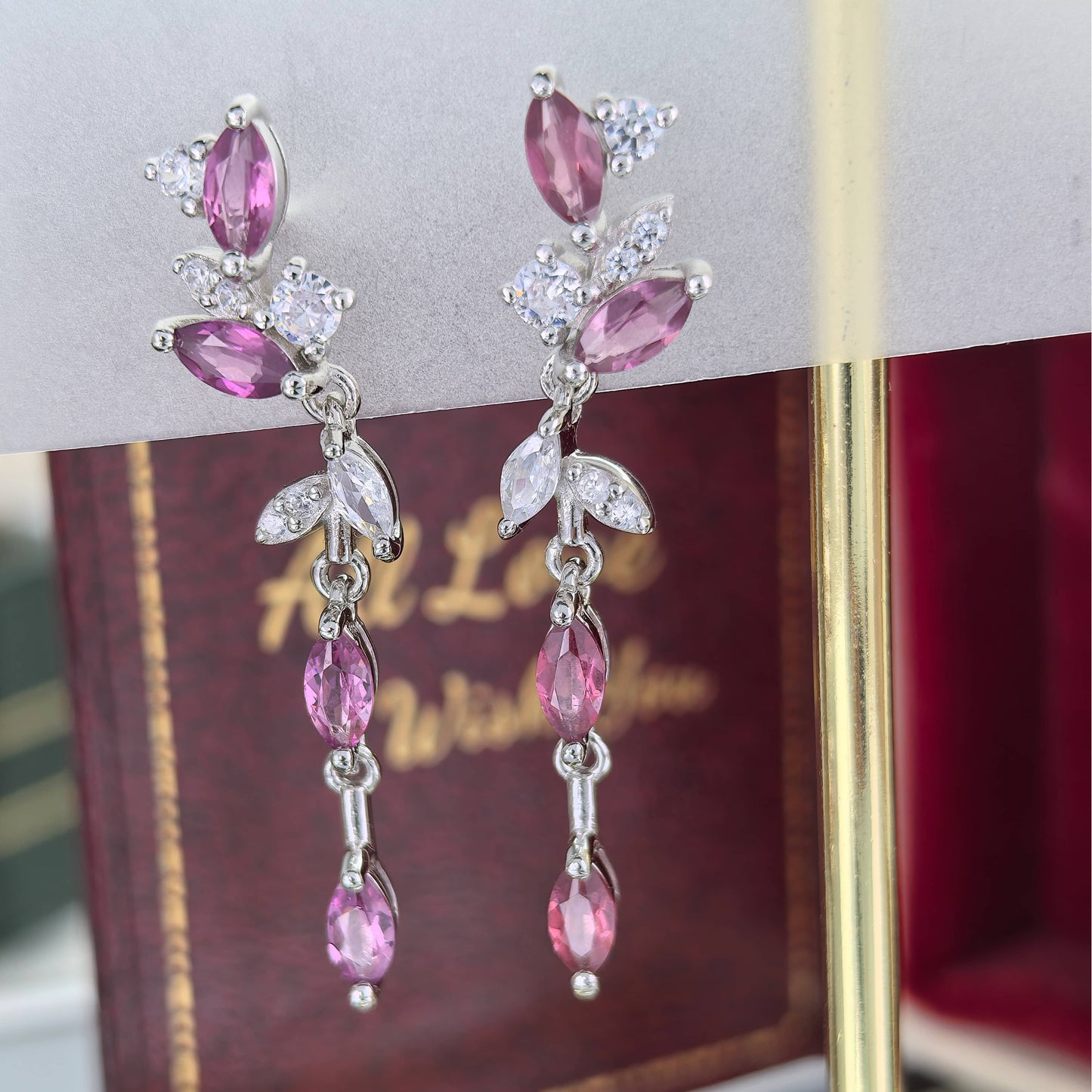 Elegant S925 Silver Rhodium Plated Natural Pyrope Leaf Drop Earrings