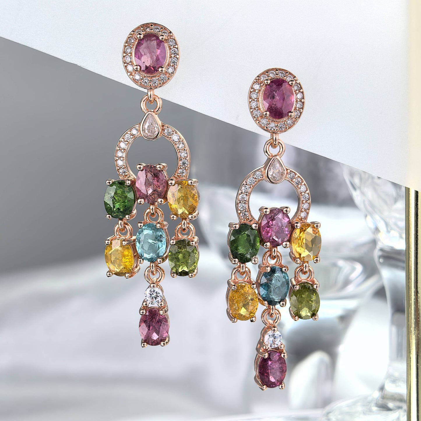 Elegant Rose Gold Plated S925 Silver Natural Tourmaline Dangle Earrings for Gift
