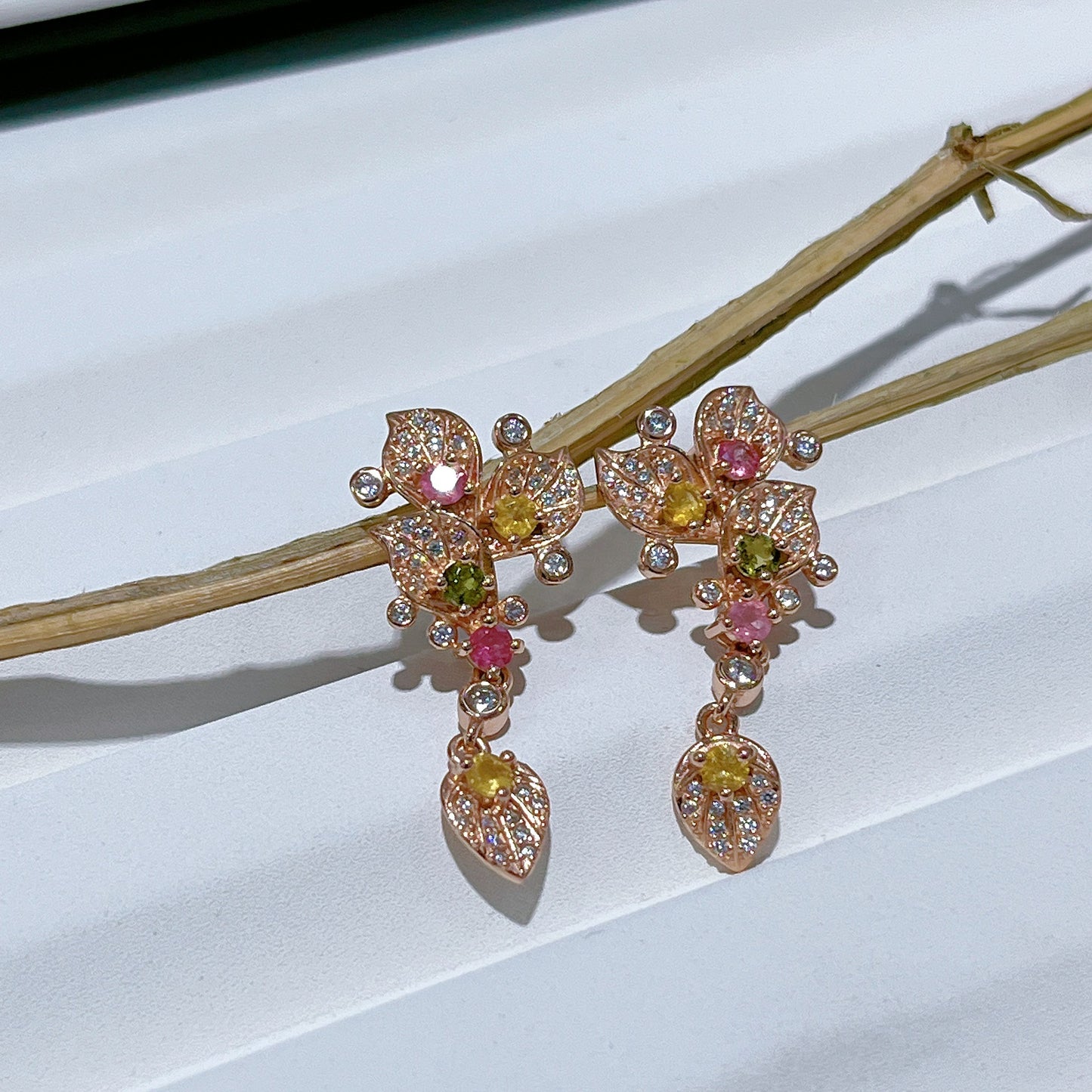 Graceful Rhodium Plated S925 Silver Natural Tourmaline Flower Drop Earrings for Gift