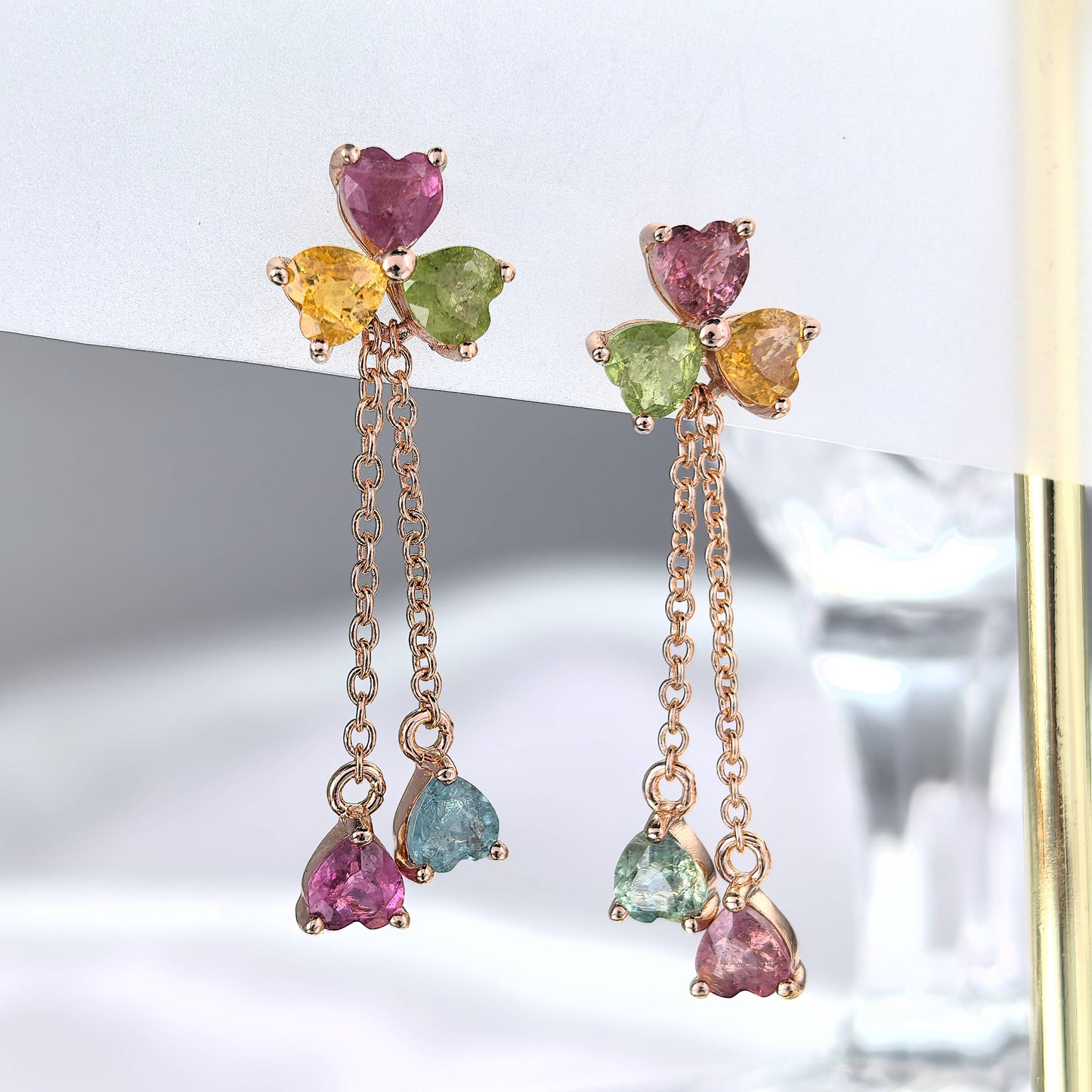 Elegant Rose Gold Plated S925 Silver Natural Tourmaline Clover Drop Earrings