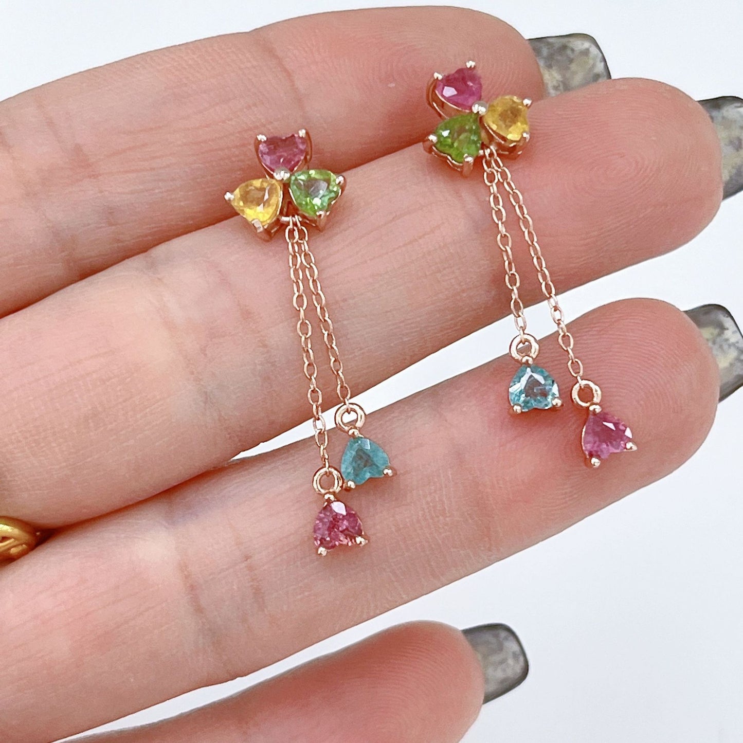 Elegant Rose Gold Plated S925 Silver Natural Tourmaline Clover Drop Earrings