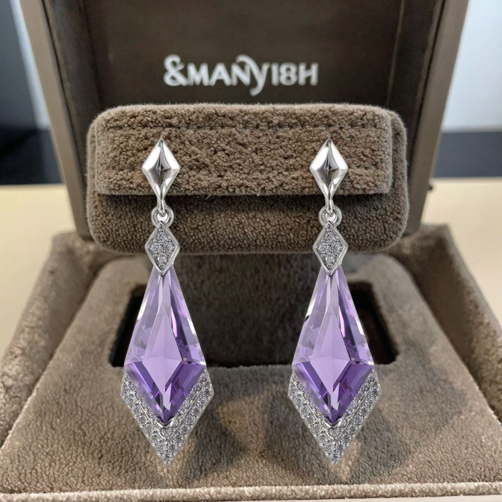 Brilliant Rhodium Plated Silver 925 Earrings with Natural Amethyst
