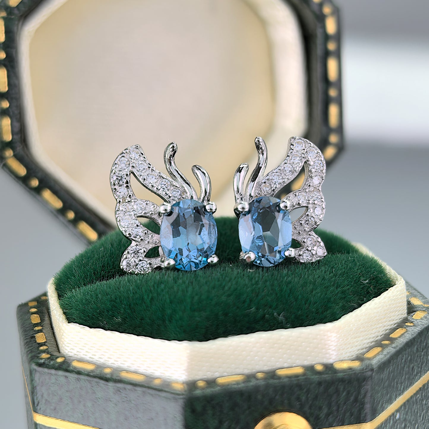 Graceful Rhodium Plated 925 Silver Natural London Blue Topaz Butterfly Stud Earrings