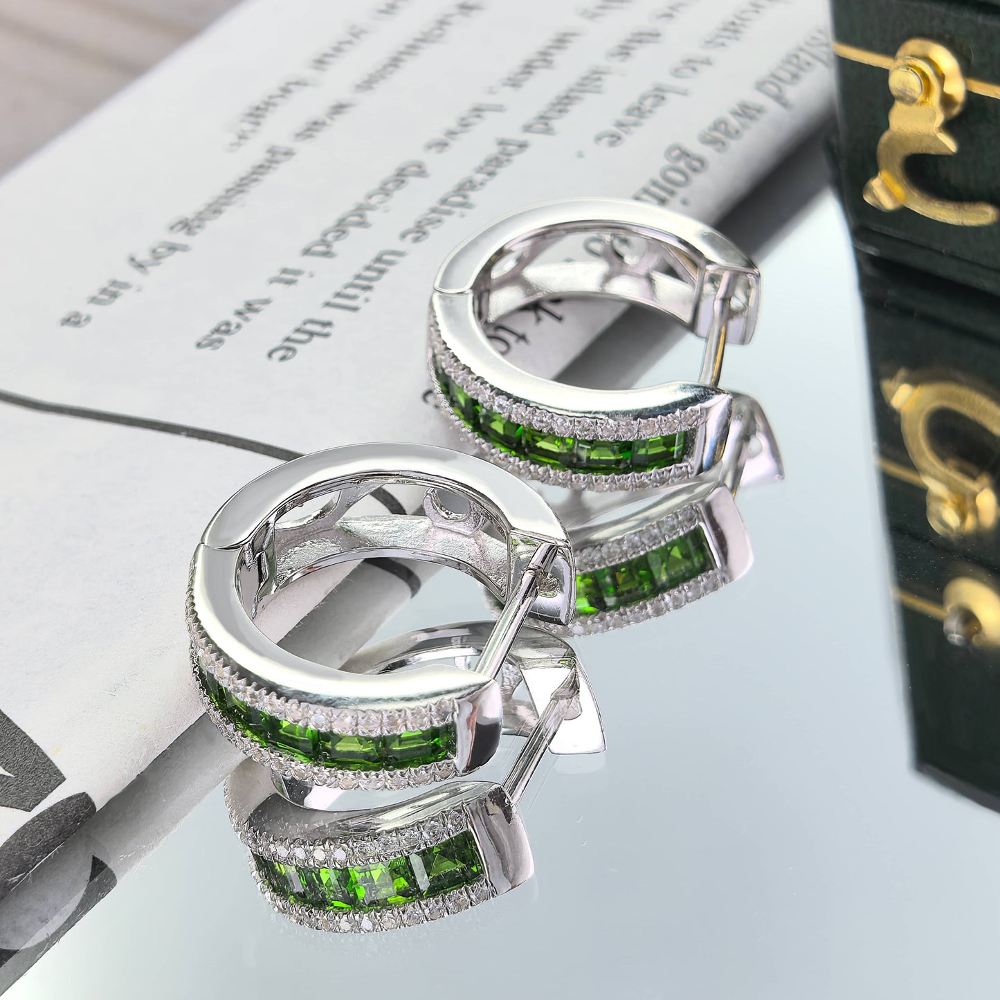 Exquisite Rhodium Plated Silver 925 Jewelry Natural Diopside Hoop Earrings