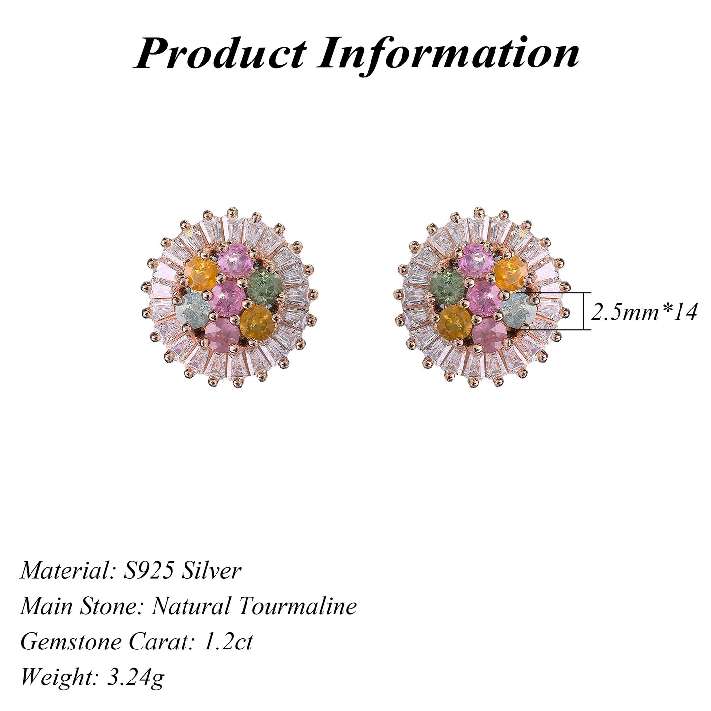 Sparkling Rose Gold Plated 925 Sterling Silver Natural Tourmaline Stud Earrings