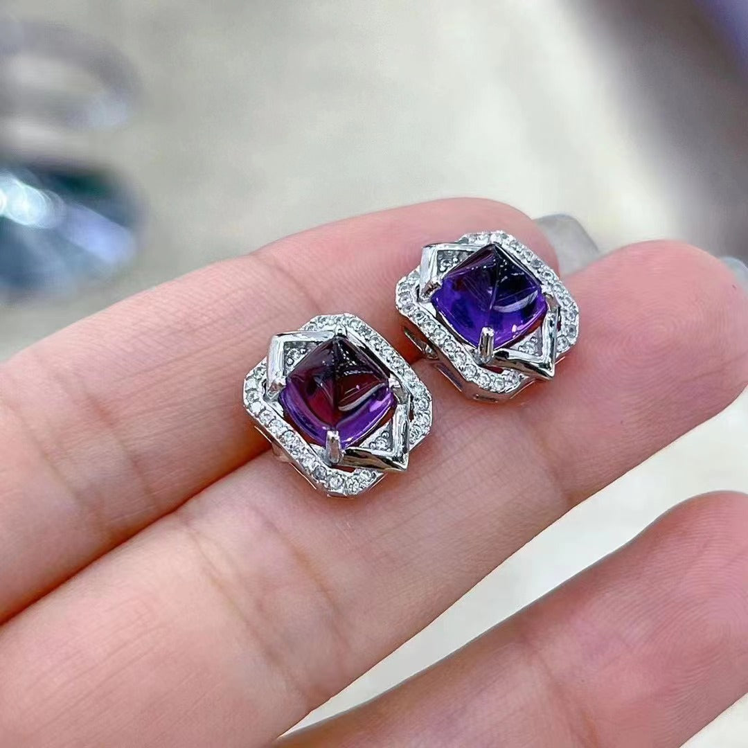 Unique Rhodium Plated 925 Sterling Silver Sugar-loaf Cut Natural Amethyst Stud Earrings