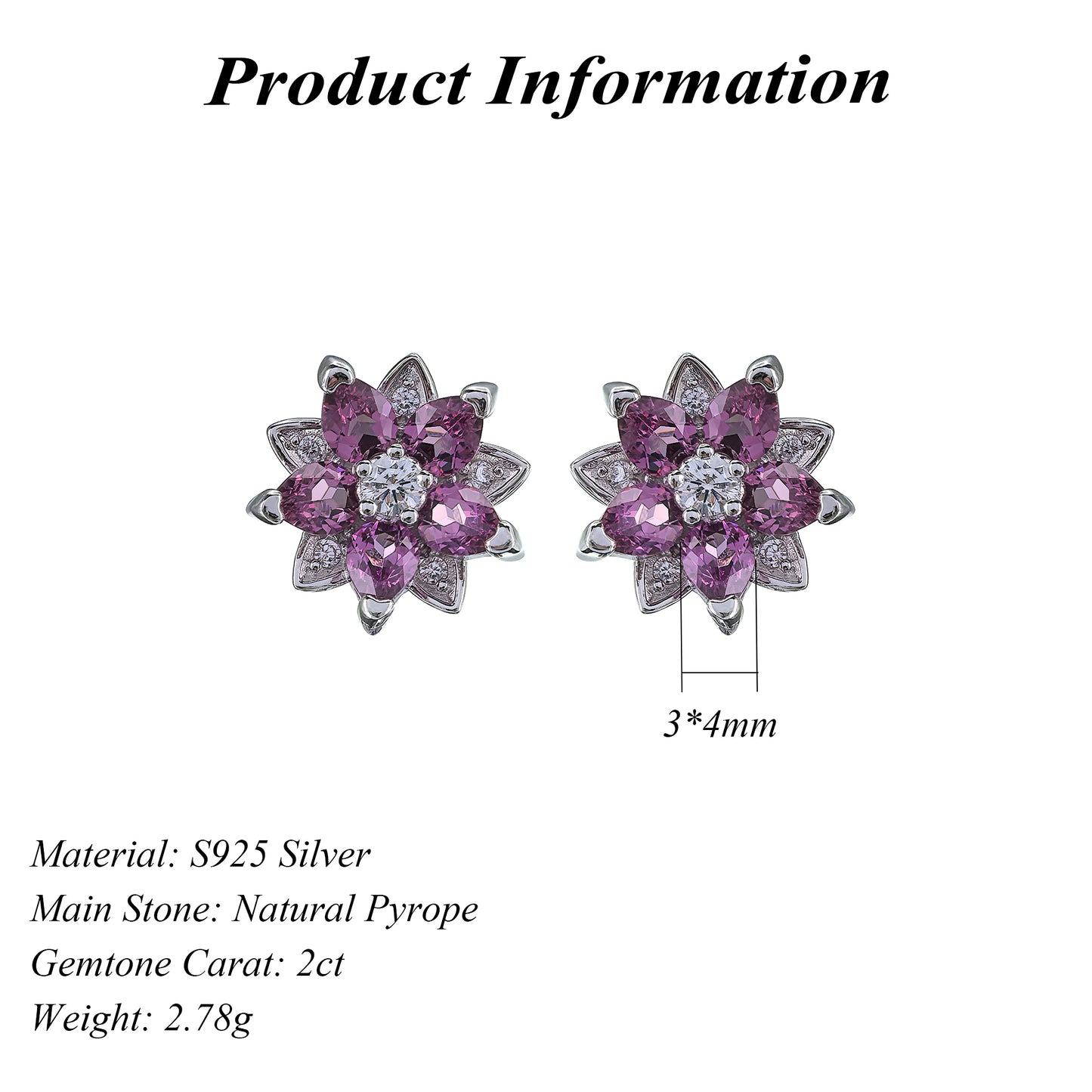 Trendy 925 Silver Pyrope Flower Stud Earrings Exquisite Rhodium Plated Pear Cut