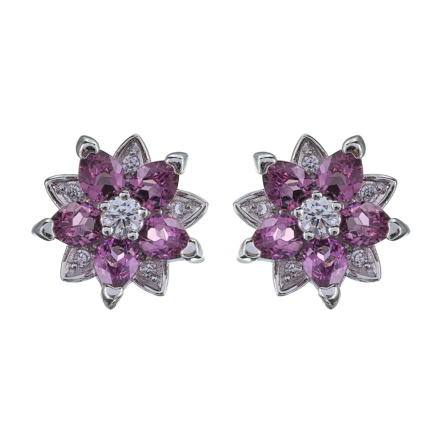 Trendy 925 Silver Pyrope Flower Stud Earrings Exquisite Rhodium Plated Pear Cut