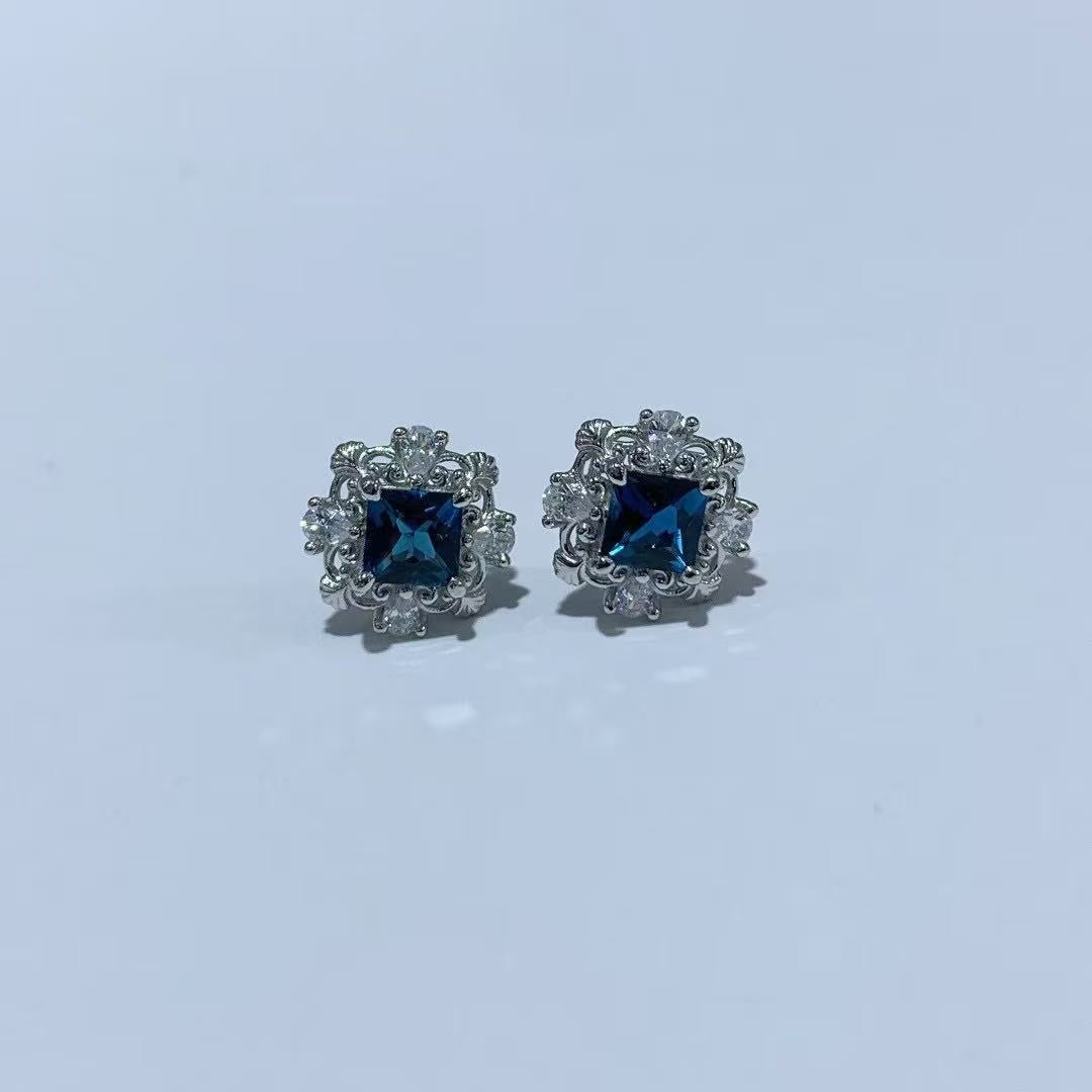 Rhodium Plated 925 Sterling Silver Natural London Blue Topaz Earring