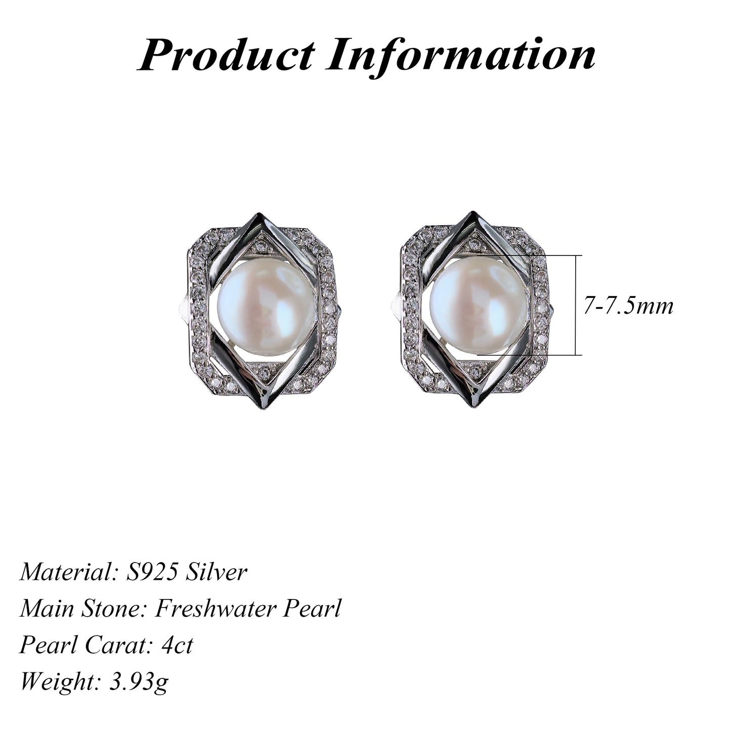 Unique Rhodium Plated Silver 925 Jewelry Freshwater Pearl Stud Earrings