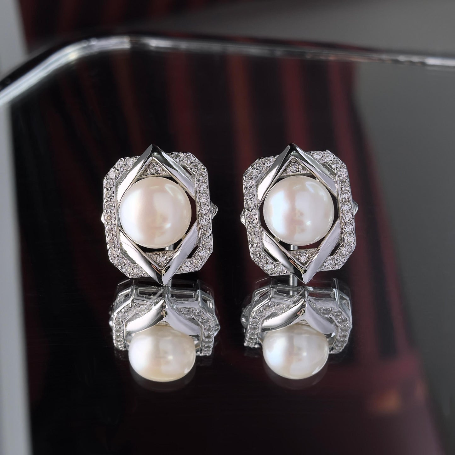 Unique Rhodium Plated Silver 925 Jewelry Freshwater Pearl Stud Earrings