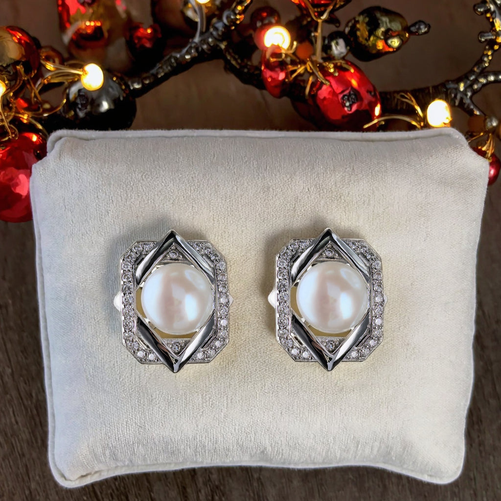 Unique Rhodium Plated Silver 925 Jewelry Freshwater Pearl Stud Earrings