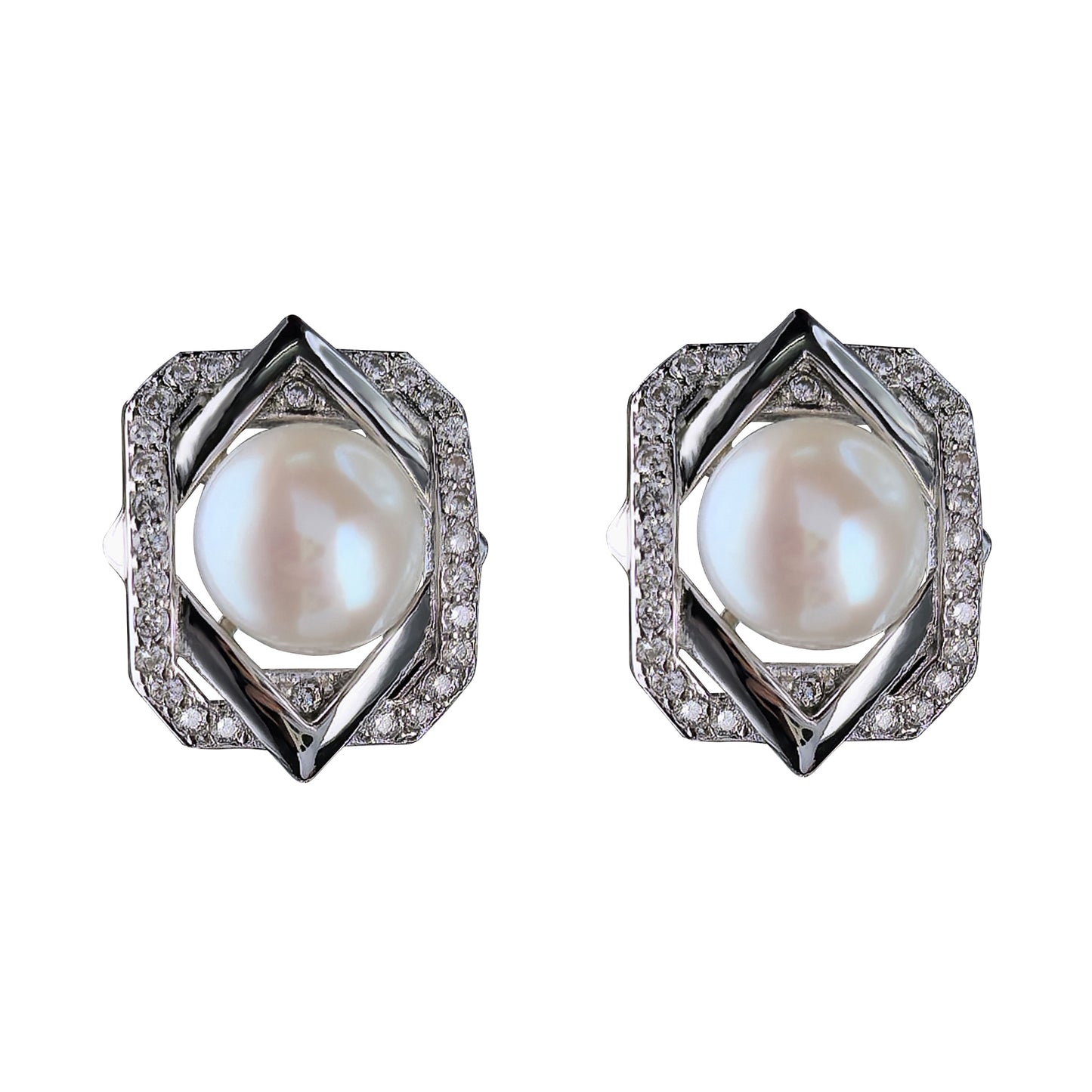 Unique Rhodium Plated Silver 925 Jewelry Freshwater Pearl Stud Earrings