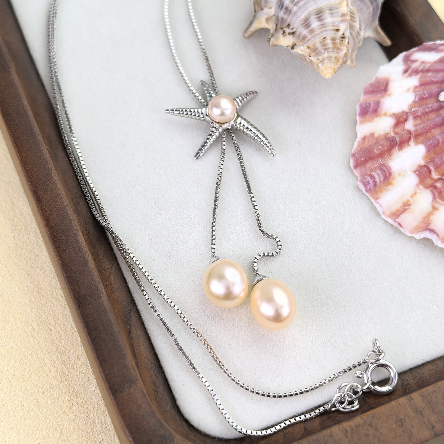 Gorgeous Rhodium Plated Silver 925 Freshwater Pearl Starfish Necklace