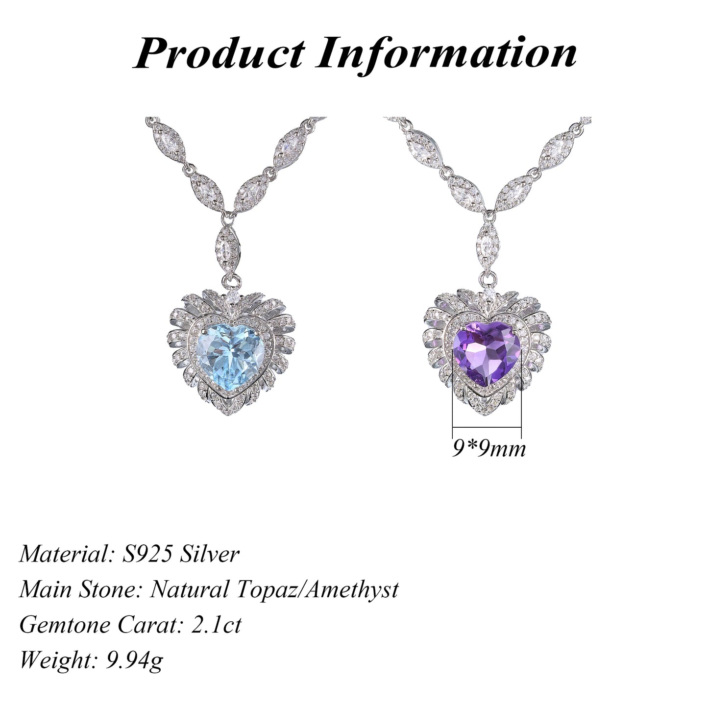 Trendy 925 Silver Necklace Exquisite Rhodium Plated Natural Sky Blue Topaz/Amethyst