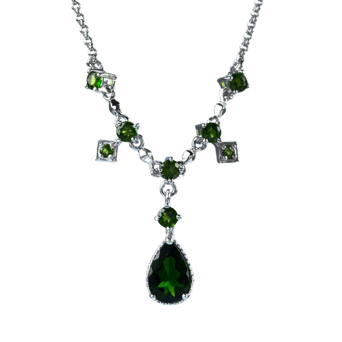 Dazzling Rhodium Plated 925 Silver Jewelry Natural Diopside Necklace