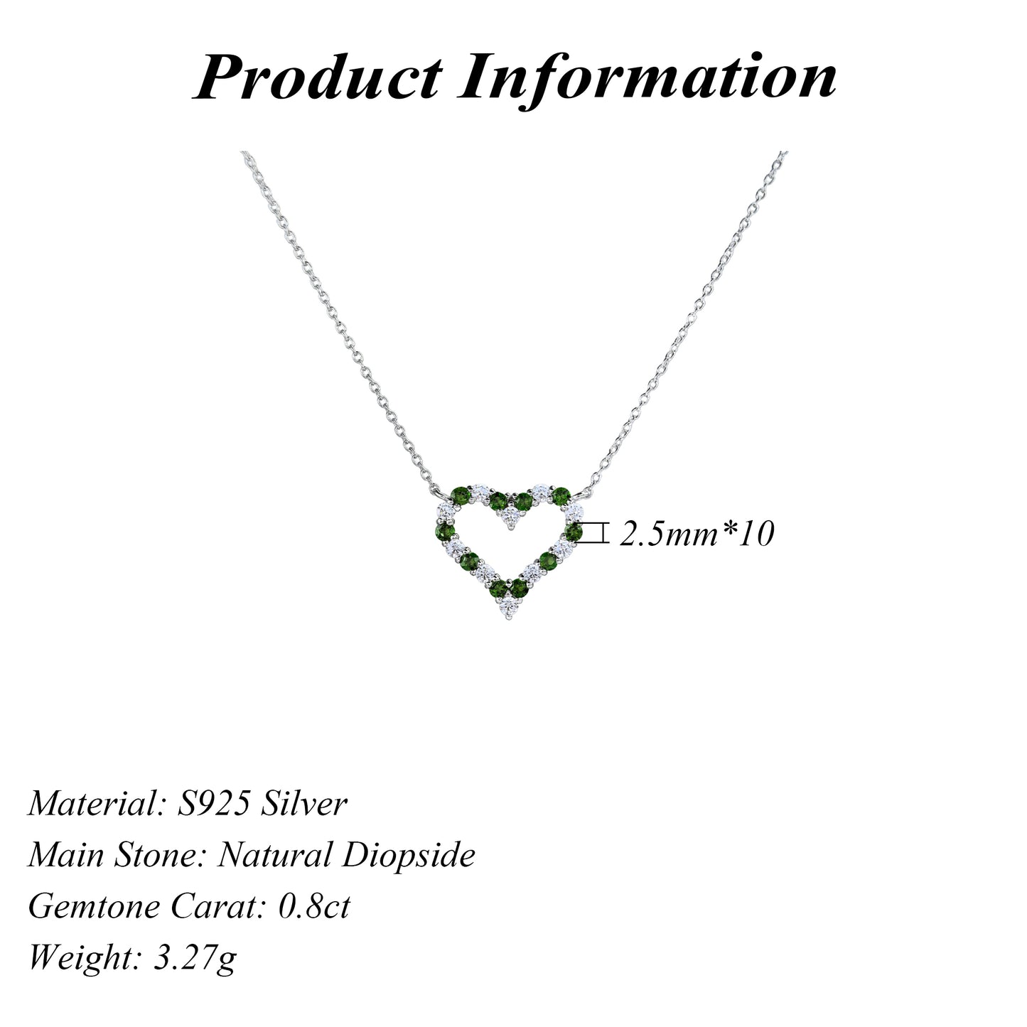 Elegant Rhodium Plated 925 Silver Jewelry Natural Diopside Heart Fine Necklace