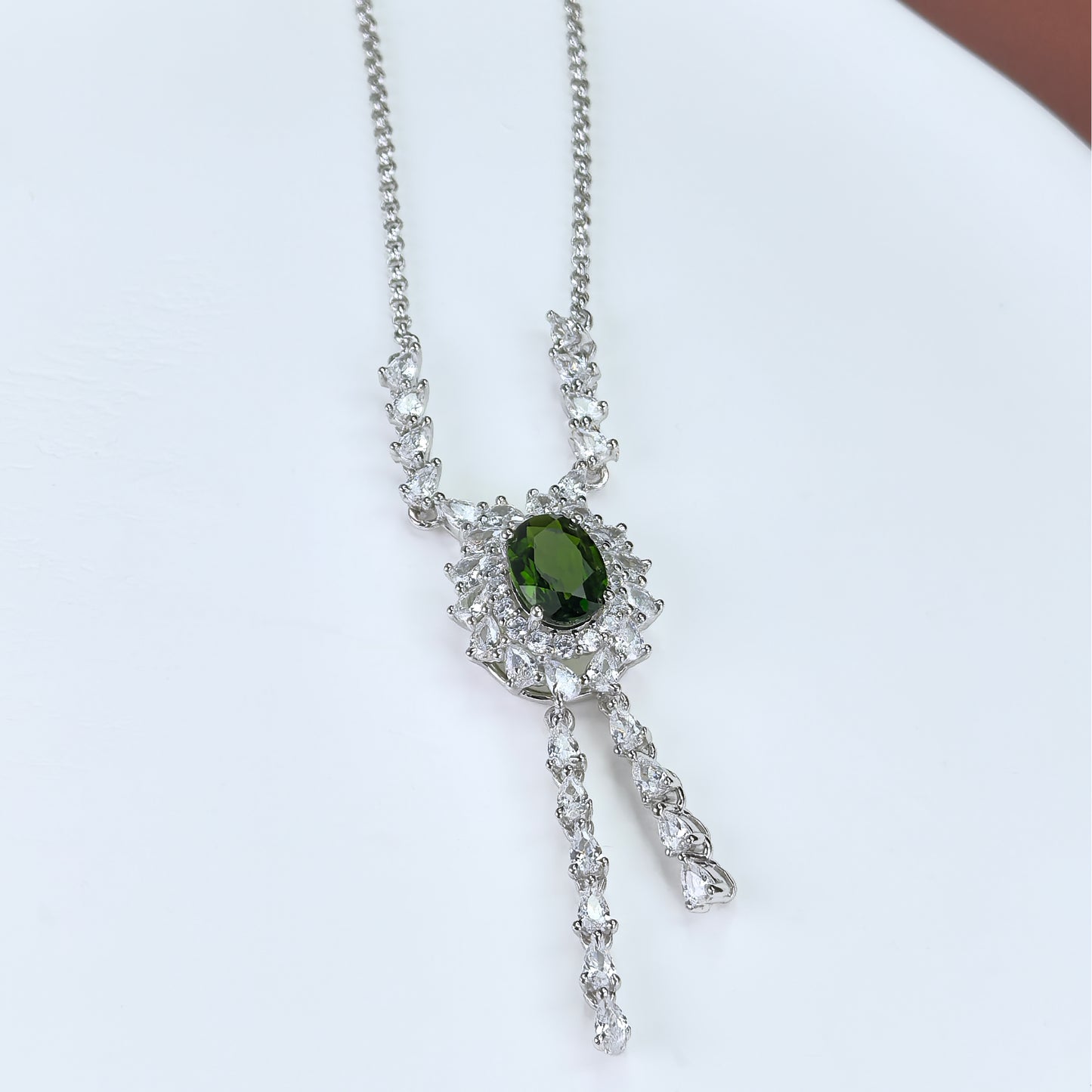 Gorgeous Rhodium Plated Silver 925 Jewelry Natural Diopside Necklace