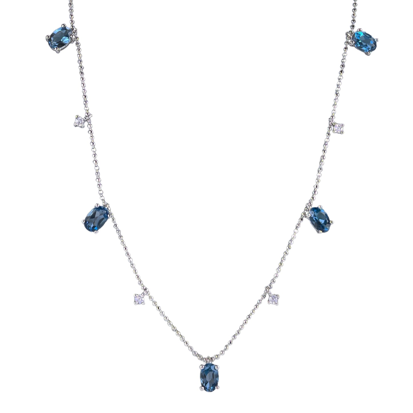Elegant Rhodium Plated Silver 925 Natural Swiss Blue Topaz/London Blue Topaz Necklace