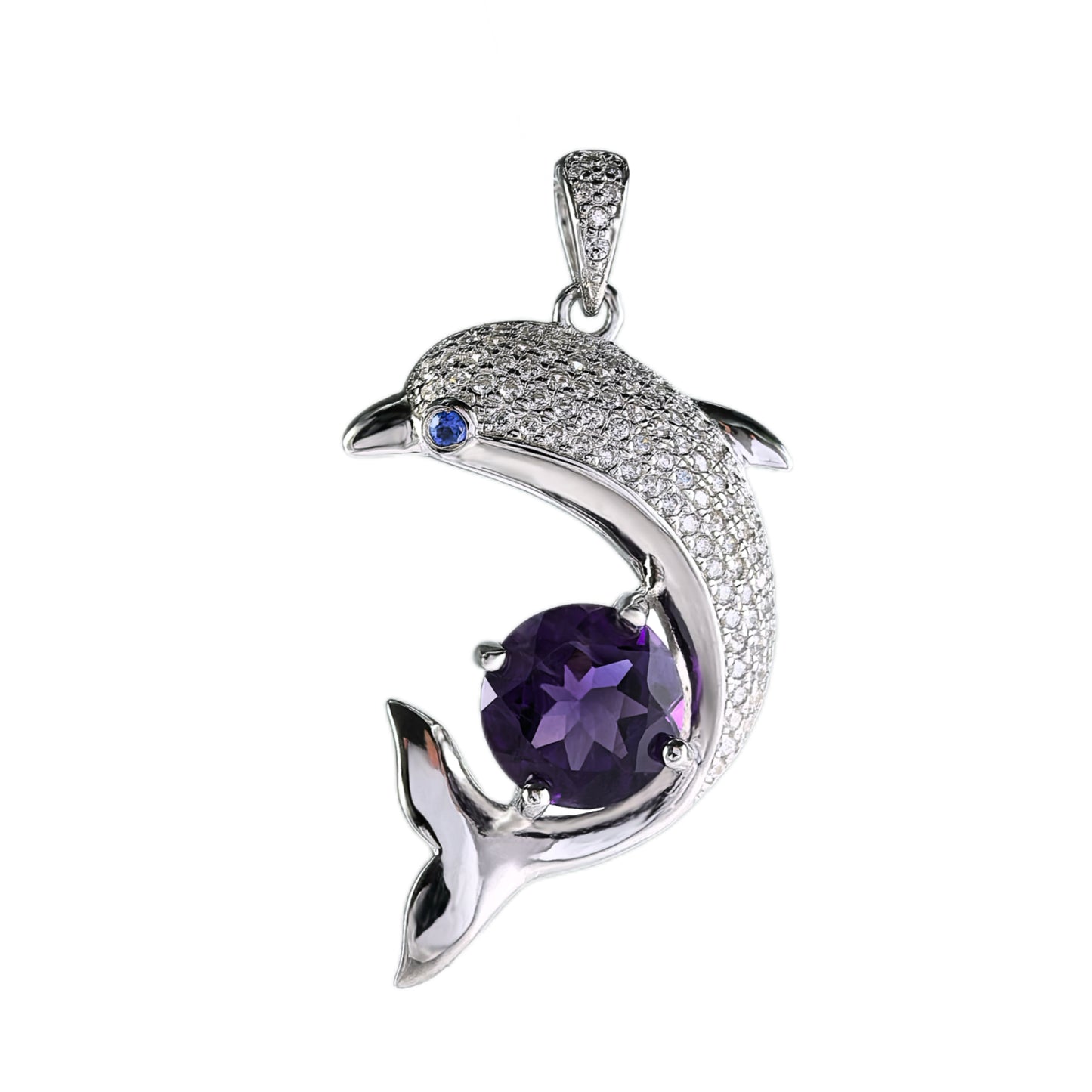 Delicate Rhodium Plated 925 Sterling Silver Natural Amethyst/Swiss Blue Topaz Dolphin Pendant