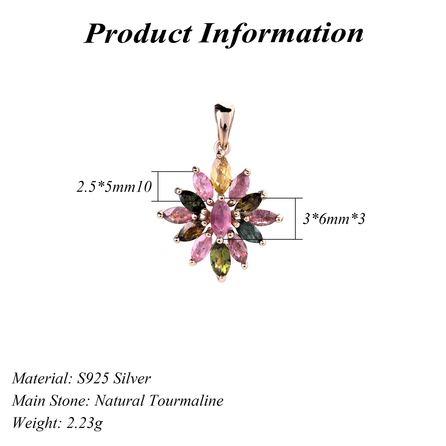 Elegant Rose Gold Plated 925 Sterling Silver Natural Tourmaline Flower Pendant