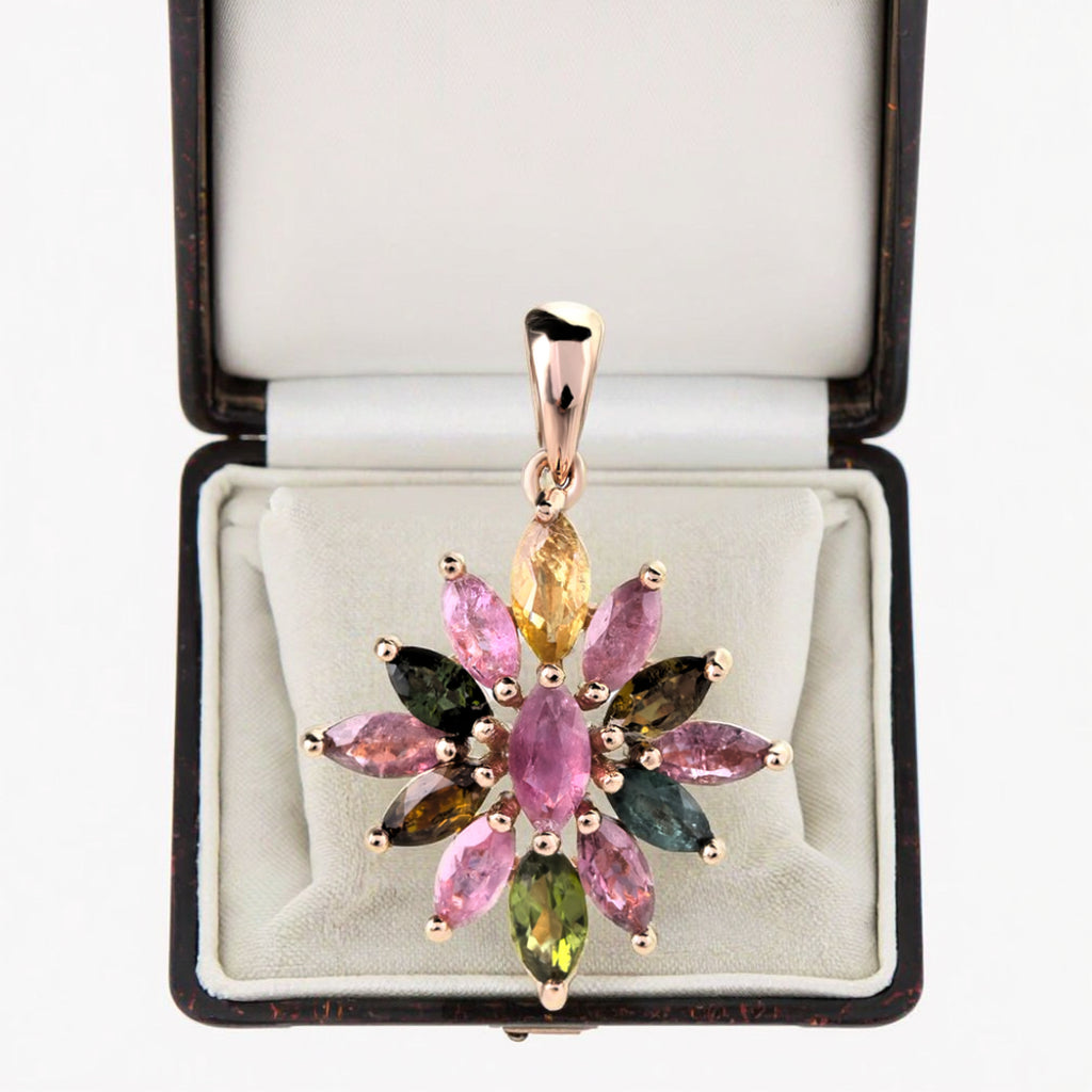 Elegant Rose Gold Plated 925 Sterling Silver Natural Tourmaline Flower Pendant