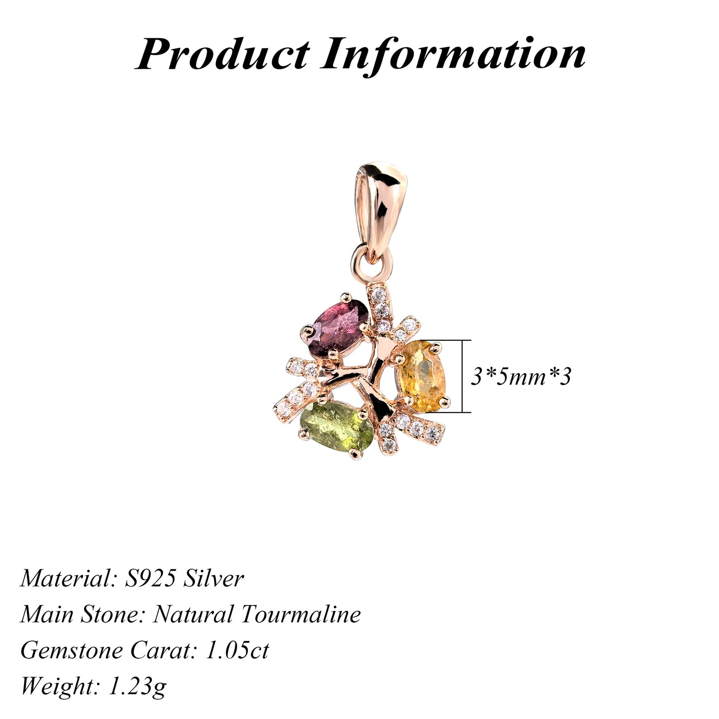 Unique Rose Gold Plated 925 Sterling Silver Natural Tourmaline Pendant
